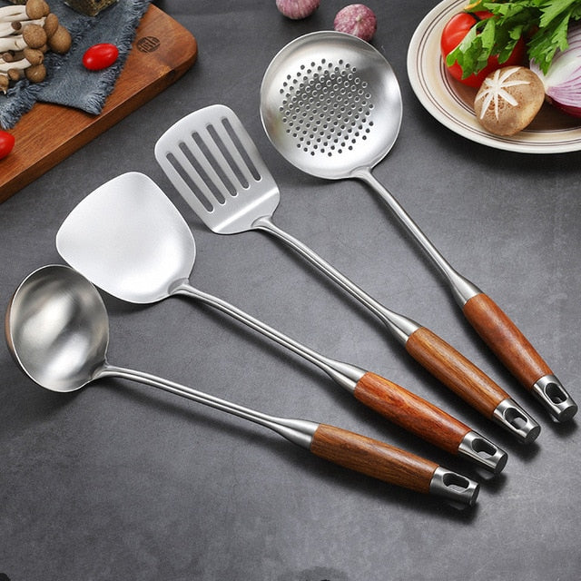 304 Stainless Steel and Huali Wooden Kitchen Spoon
